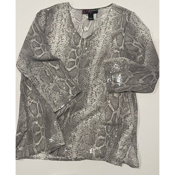 Peck And Peck Large Gray And White Sparkle Sheer Reptile Print Tunic Top Large - Picture 4 of 4